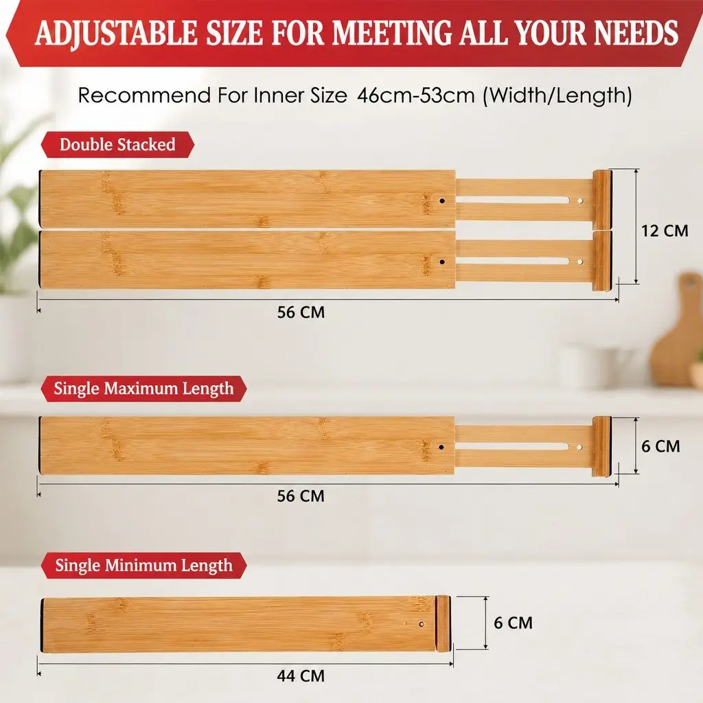 Bamboo Drawer Organizers 6 Piece Adjustable Dividers 44 to 55cm for Kitchen Bathroom Bedroom Storage