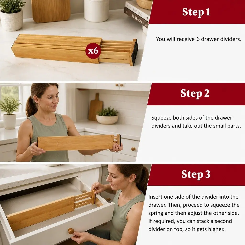 Bamboo Drawer Organizers 6 Piece Adjustable Dividers 44 to 55cm for Kitchen Bathroom Bedroom Storage