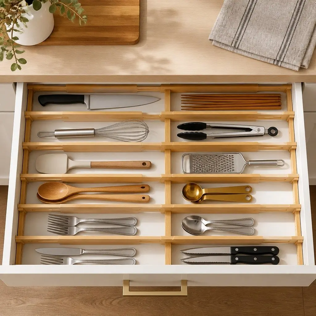 Bamboo Drawer Organizers 6 Piece Adjustable Dividers 44 to 55cm for Kitchen Bathroom Bedroom Storage