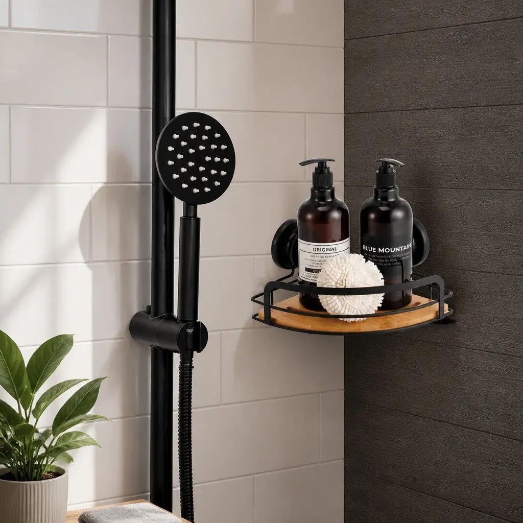 Shower Caddy Corner Shelf Rack Stainless Steel and Bamboo 2 Tier 19 x 19 x 12 cm