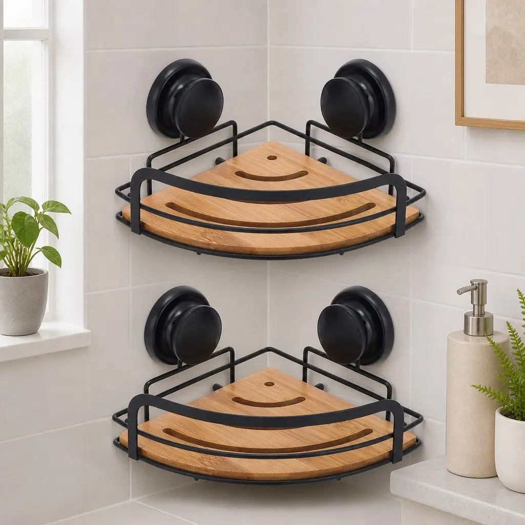 Shower Caddy Corner Shelf Rack Stainless Steel and Bamboo 2 Tier 19 x 19 x 12 cm