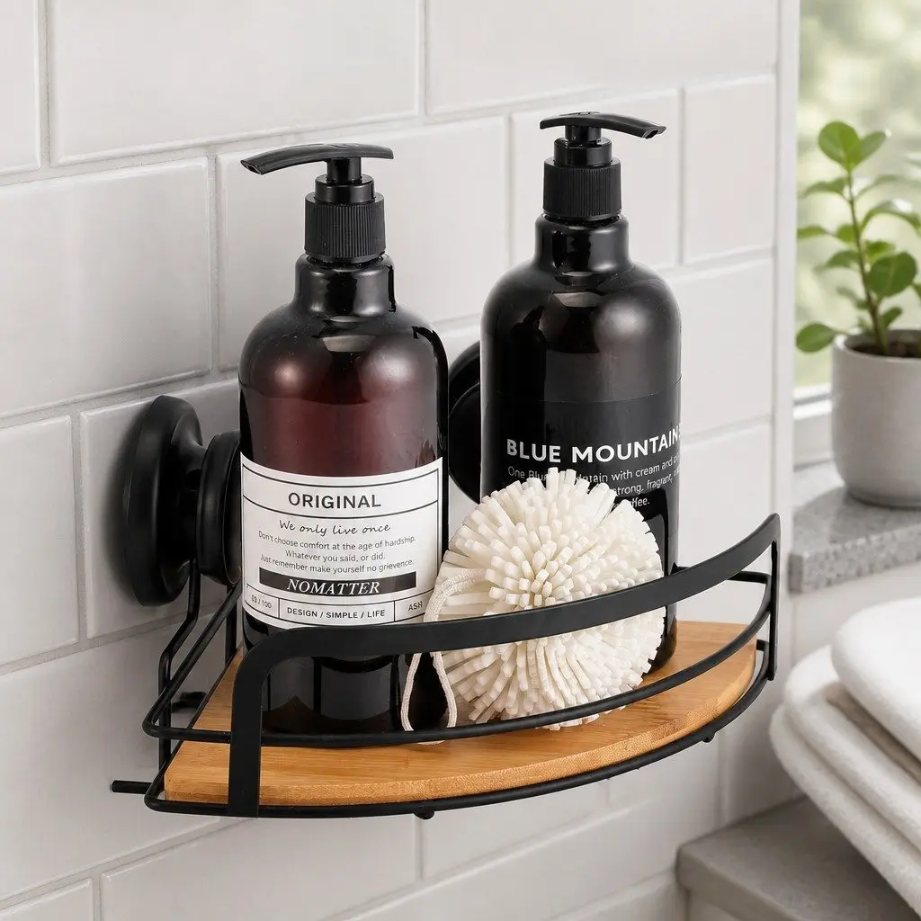 Shower Caddy Corner Shelf Rack Stainless Steel and Bamboo 2 Tier 19 x 19 x 12 cm