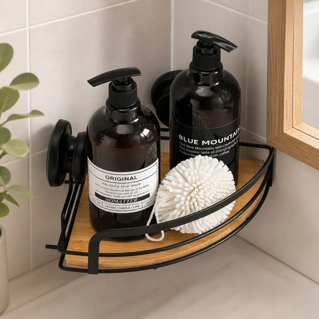 Shower Caddy Corner Shelf Rack Stainless Steel and Bamboo 2 Tier 19 x 19 x 12 cm