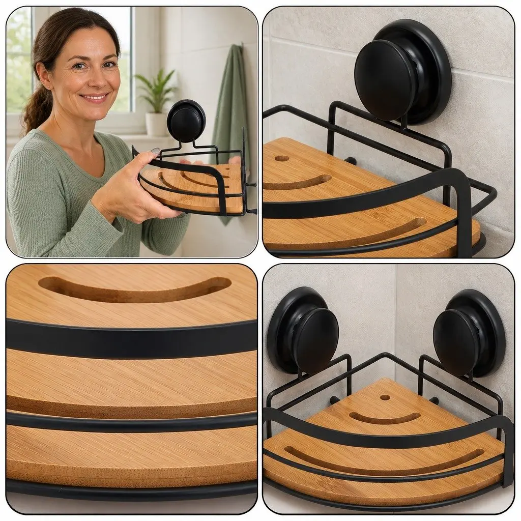 Shower Caddy Corner Shelf Rack Stainless Steel and Bamboo 2 Tier 19 x 19 x 12 cm