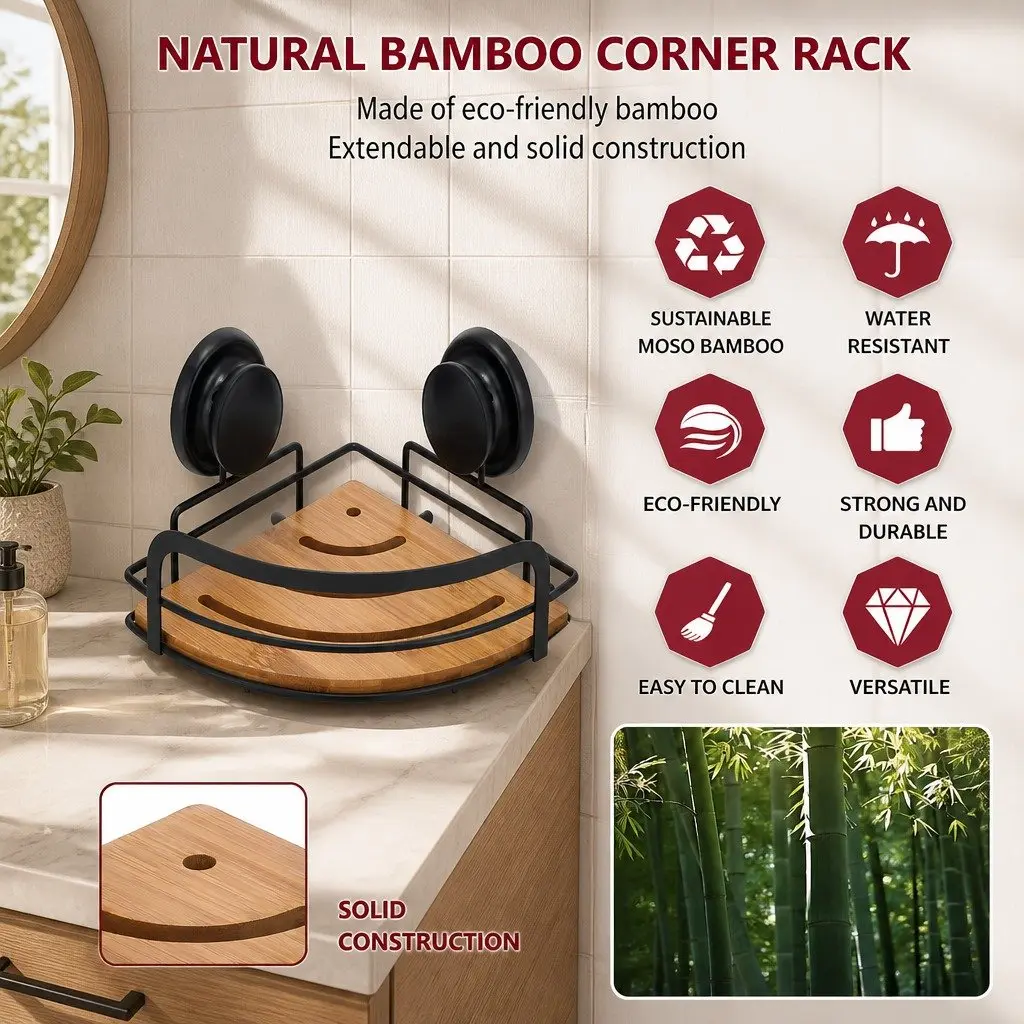 Shower Caddy Corner Shelf Rack Stainless Steel and Bamboo 2 Tier 19 x 19 x 12 cm