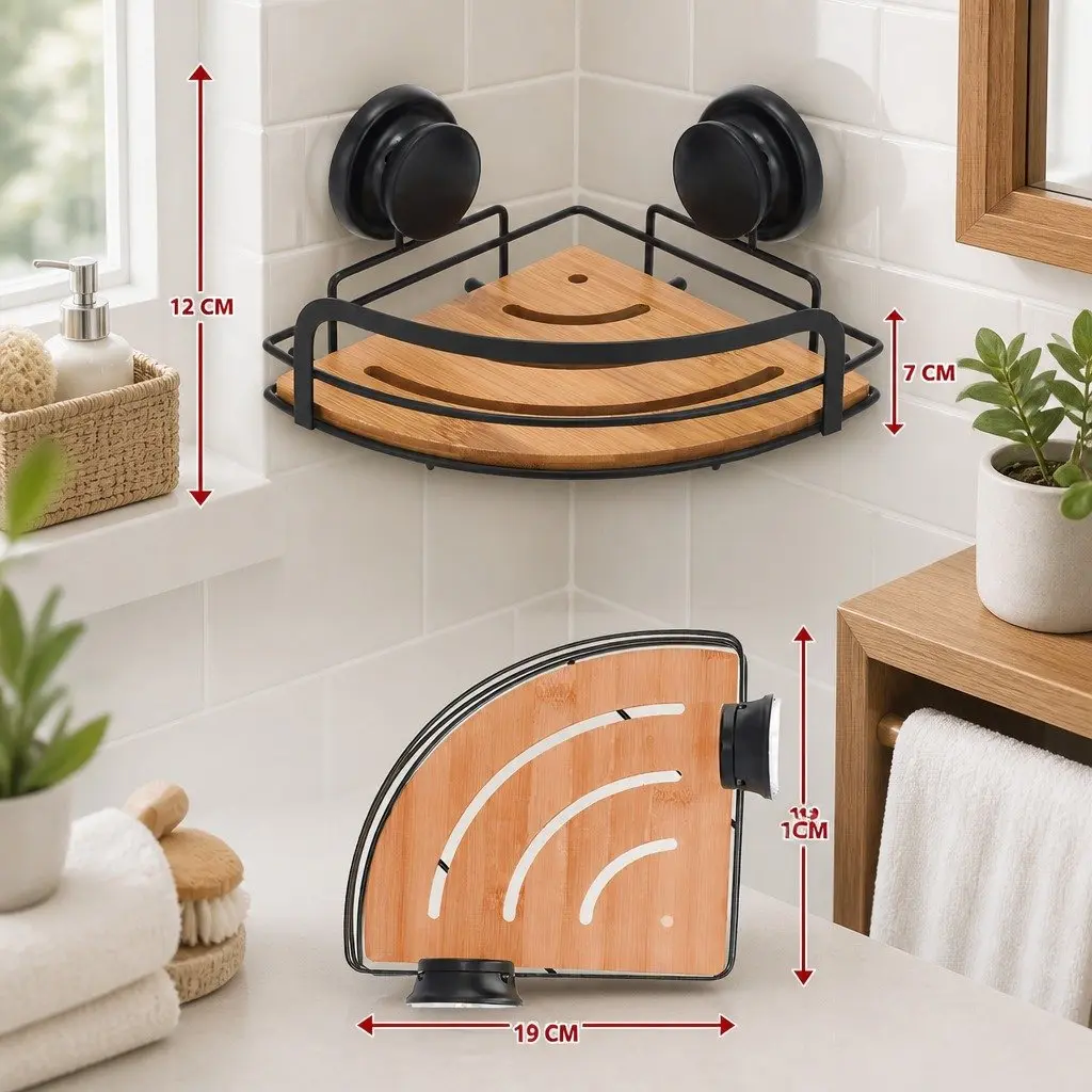 Shower Caddy Corner Shelf Rack Stainless Steel and Bamboo 2 Tier 19 x 19 x 12 cm