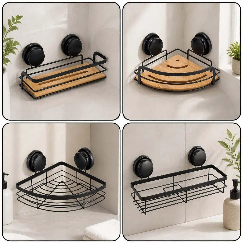 Shower Caddy Corner Shelf Rack Stainless Steel and Bamboo 2 Tier 19 x 19 x 12 cm