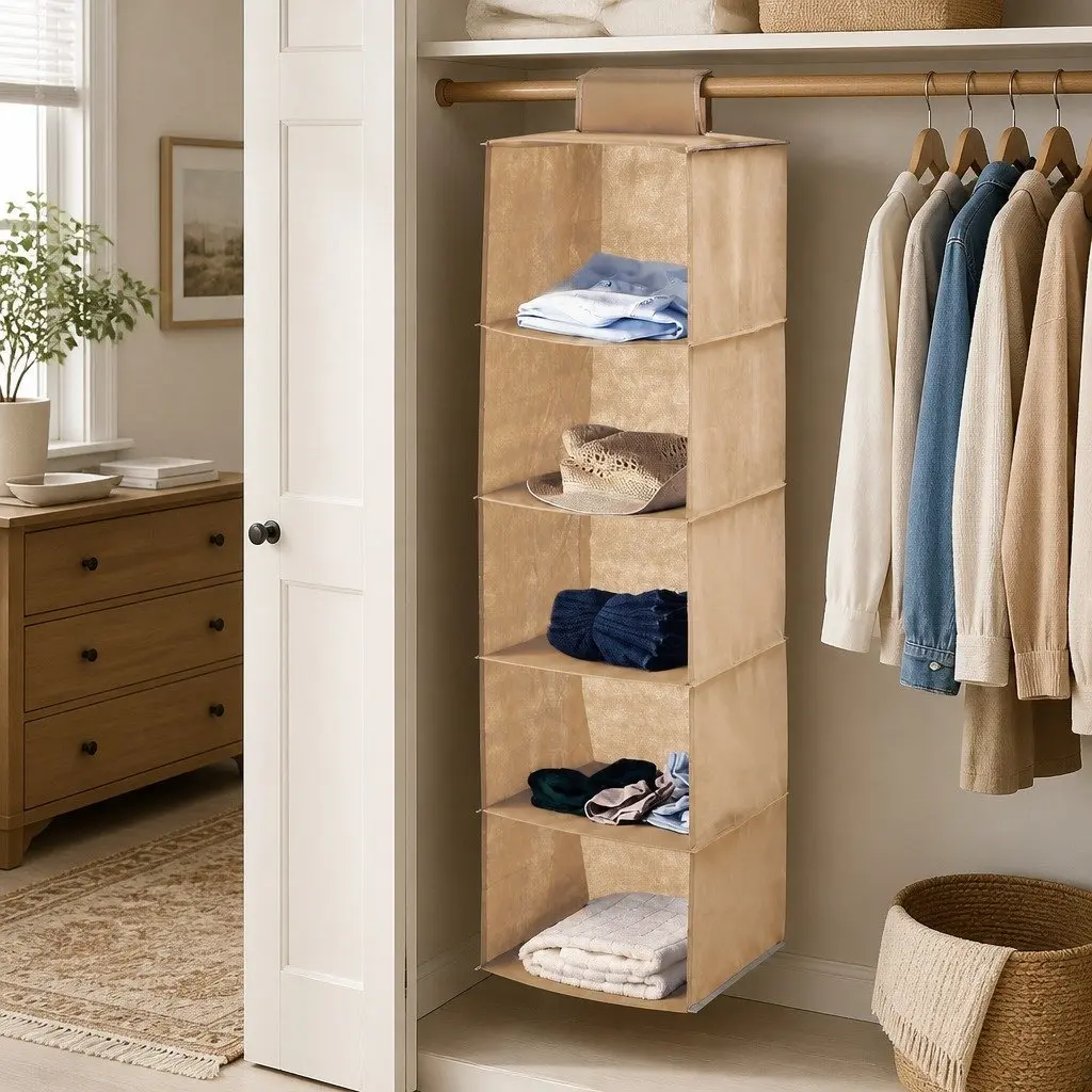 5 Tier Hanging Closet Organizer Non-Woven Material Space Saving Beige