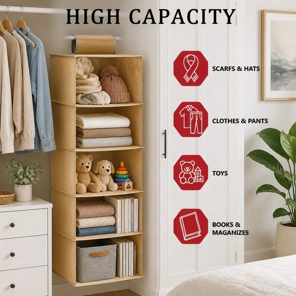 5 Tier Hanging Closet Organizer Non-Woven Material Space Saving Beige