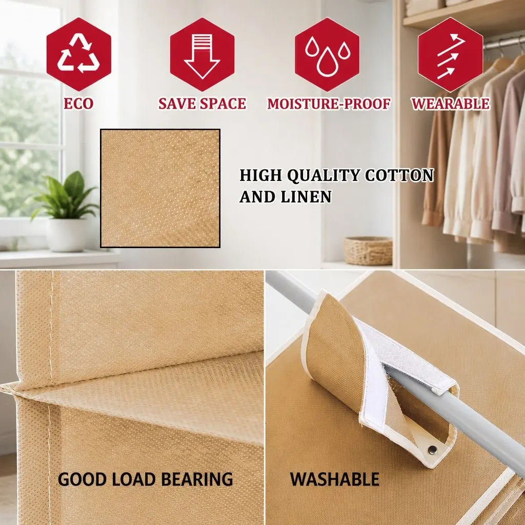 5 Tier Hanging Closet Organizer Non-Woven Material Space Saving Beige