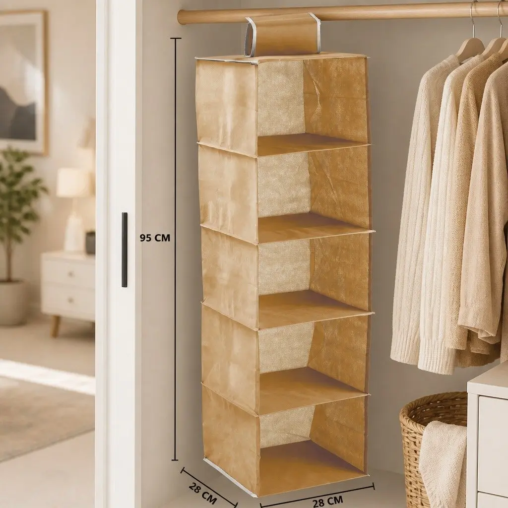 5 Tier Hanging Closet Organizer Non-Woven Material Space Saving Beige