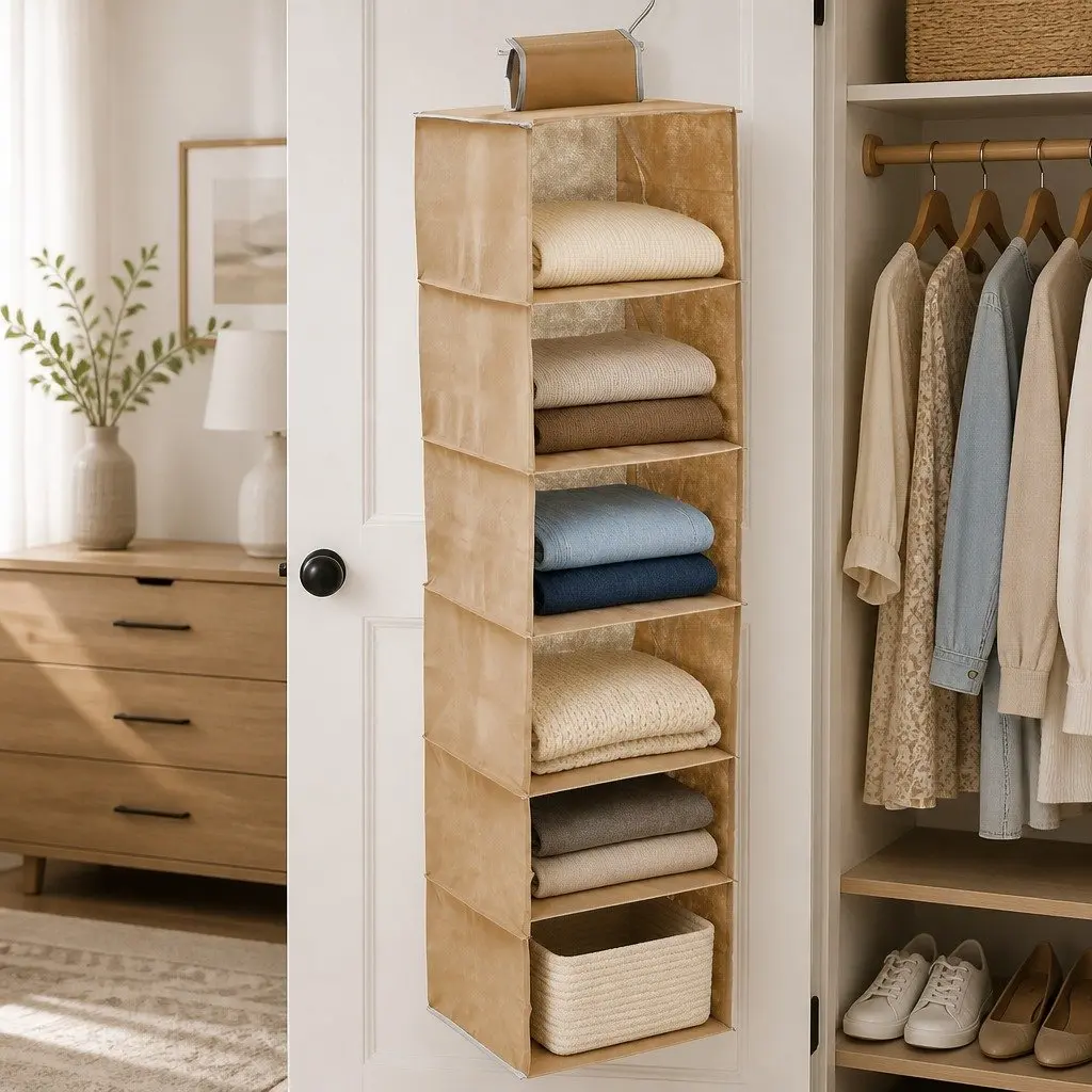 5 Tier Hanging Closet Organizer Non-Woven Material Space Saving Beige