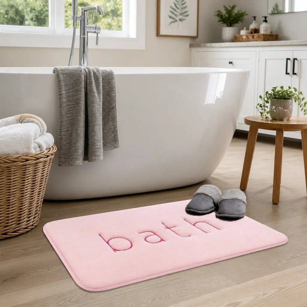 Memory Foam Bath Mat Soft Absorbent Non-Slip Pink Cushion 60x40cm
