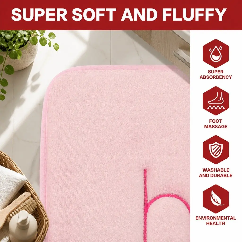 Memory Foam Bath Mat Soft Absorbent Non-Slip Pink Cushion 60x40cm