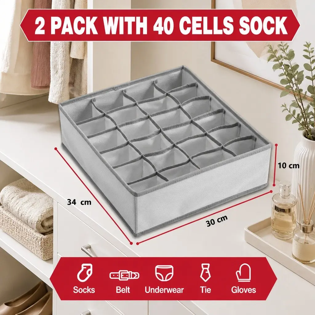 Drawer Organizer Fabric Storage Boxes Set of 2 Foldable Grey 34 x 30 x 10 cm
