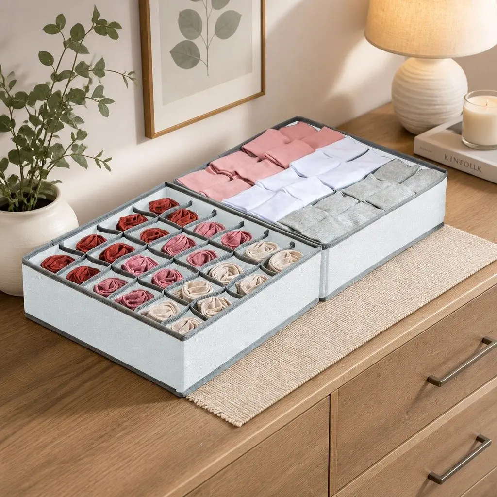 Drawer Organizer Fabric Storage Boxes Set of 2 Foldable Grey 34 x 30 x 10 cm