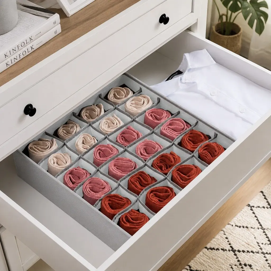 Drawer Organizer Fabric Storage Boxes Set of 2 Foldable Grey 34 x 30 x 10 cm