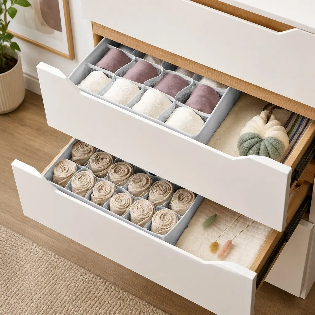 Drawer Organizer Fabric Storage Boxes Set of 2 Foldable Grey 34 x 30 x 10 cm