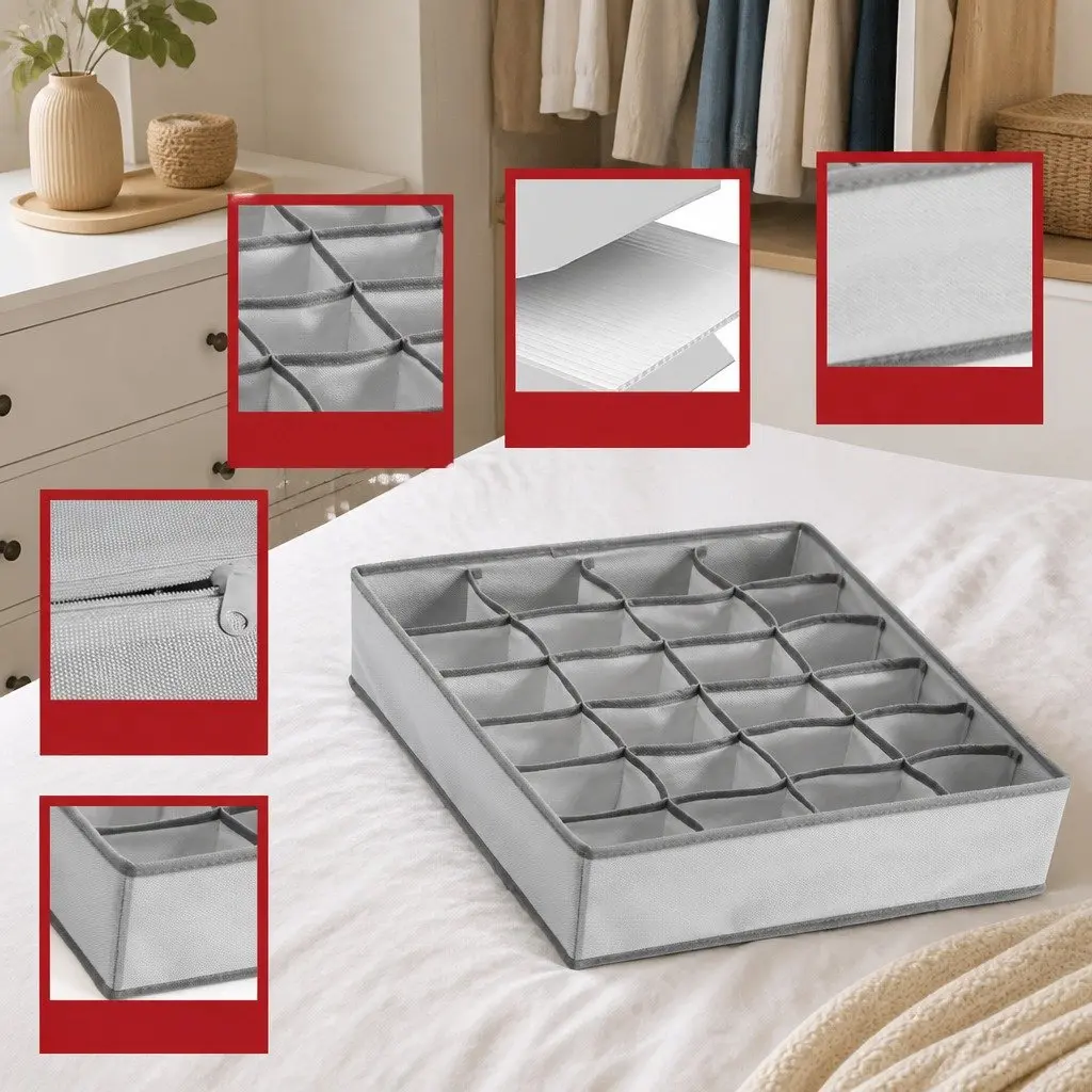 Drawer Organizer Fabric Storage Boxes Set of 2 Foldable Grey 34 x 30 x 10 cm