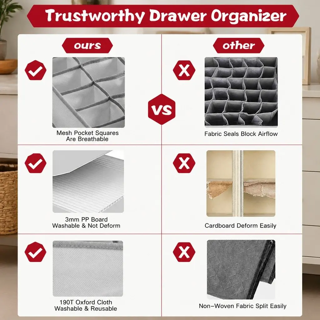 Drawer Organizer Fabric Storage Boxes Set of 2 Foldable Grey 34 x 30 x 10 cm