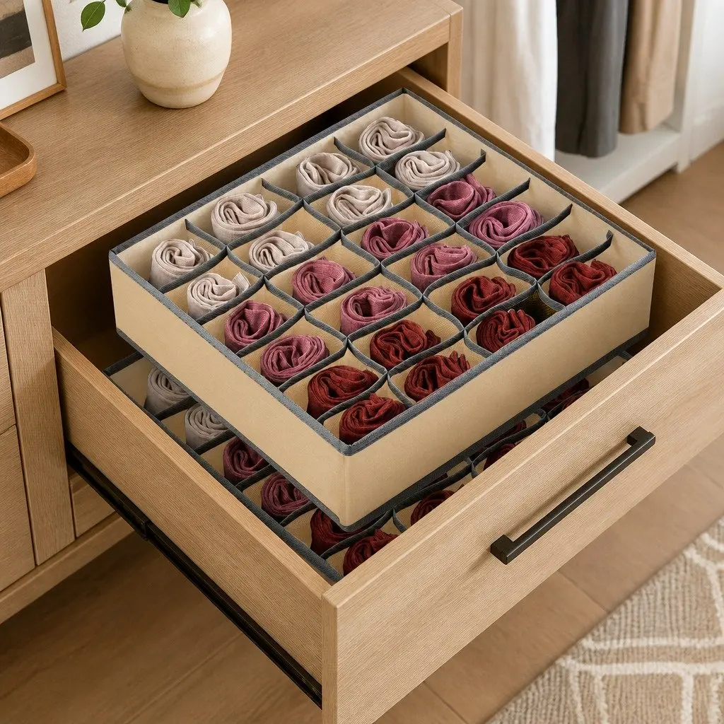 Fabric Drawer Organizer Boxes Set of 2 Foldable Non-Woven Beige 34 x 30 x 10 cm