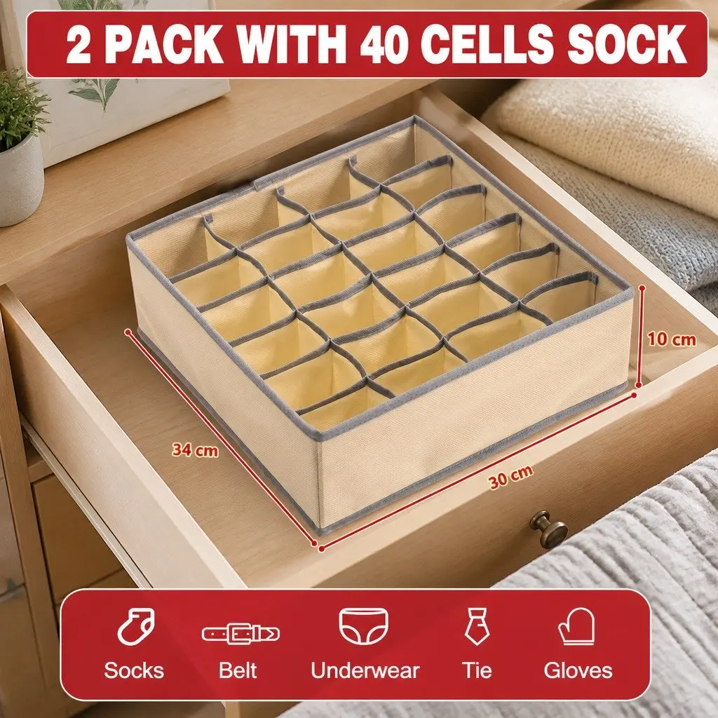 Fabric Drawer Organizer Boxes Set of 2 Foldable Non-Woven Beige 34 x 30 x 10 cm