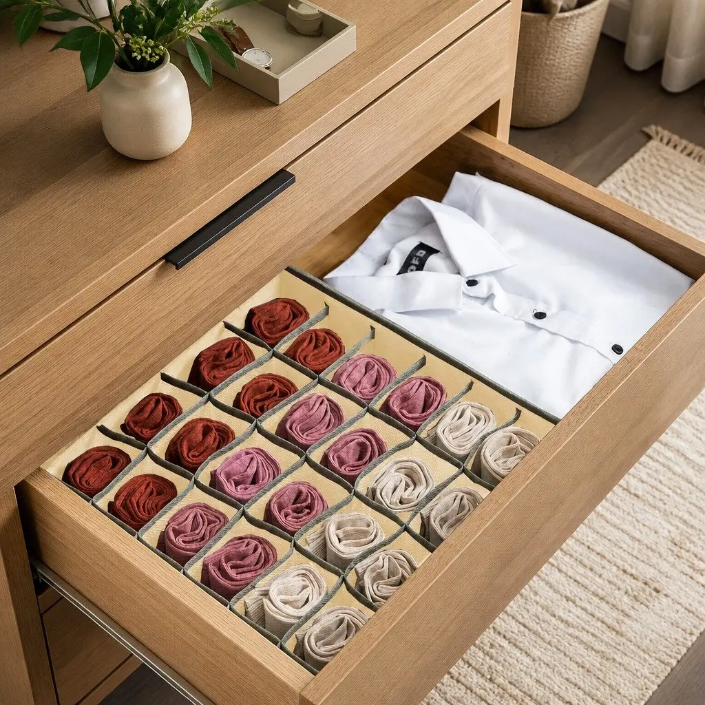 Fabric Drawer Organizer Boxes Set of 2 Foldable Non-Woven Beige 34 x 30 x 10 cm