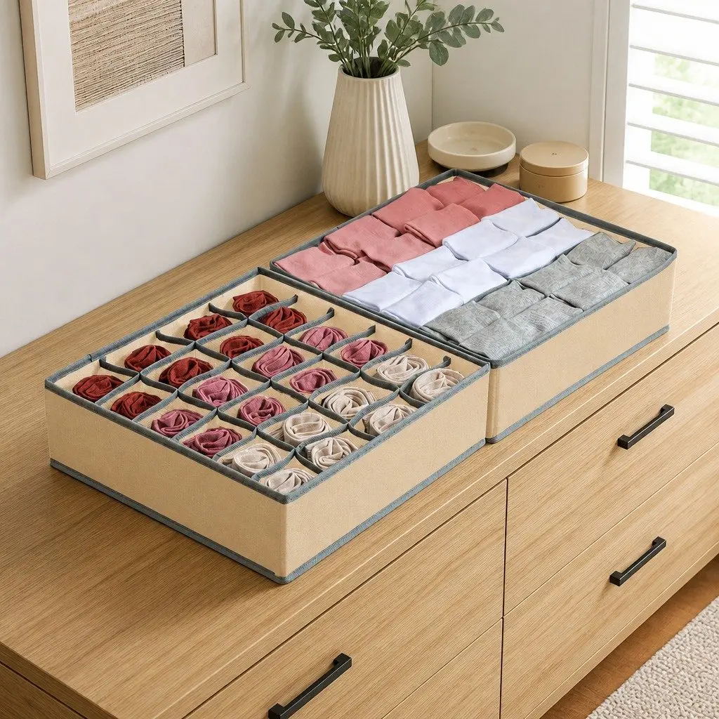 Fabric Drawer Organizer Boxes Set of 2 Foldable Non-Woven Beige 34 x 30 x 10 cm