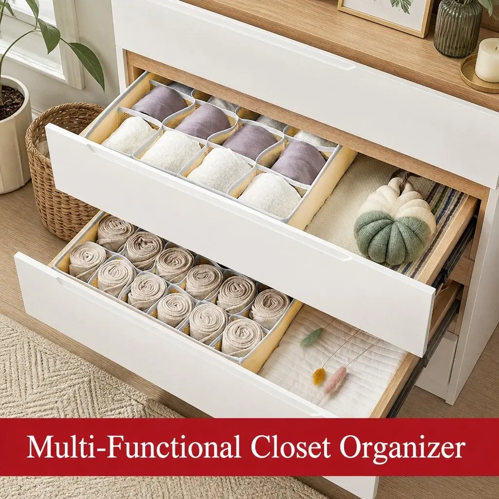 Fabric Drawer Organizer Boxes Set of 2 Foldable Non-Woven Beige 34 x 30 x 10 cm