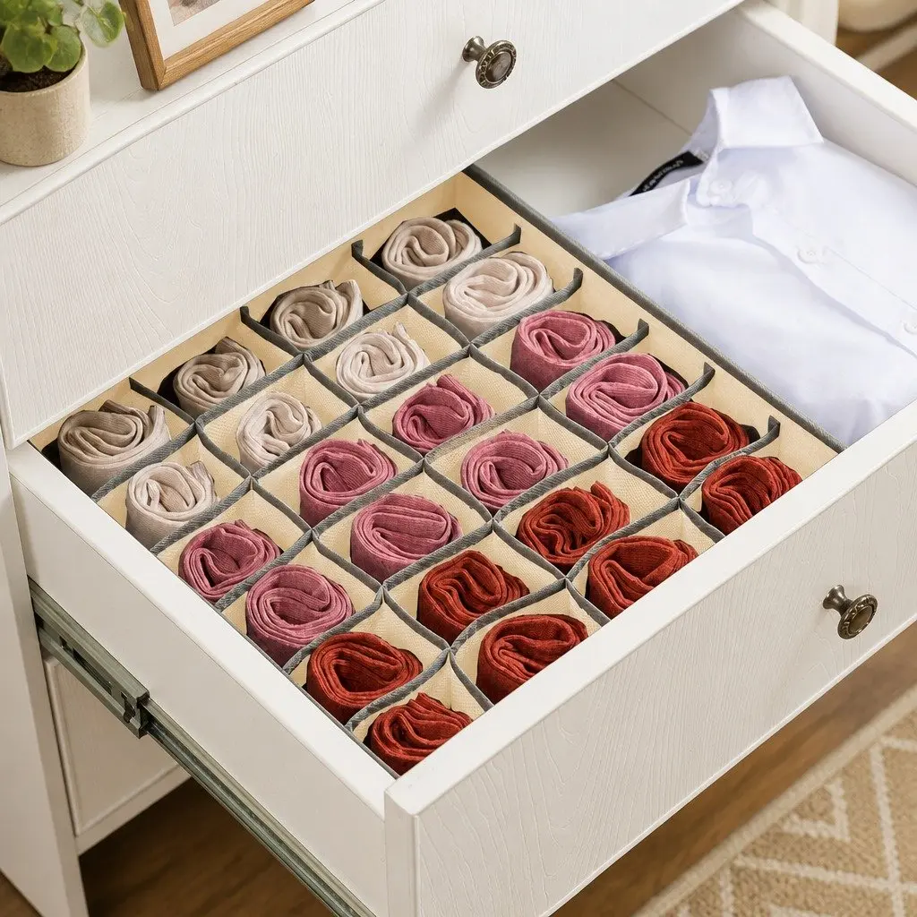 Fabric Drawer Organizer Boxes Set of 2 Foldable Non-Woven Beige 34 x 30 x 10 cm
