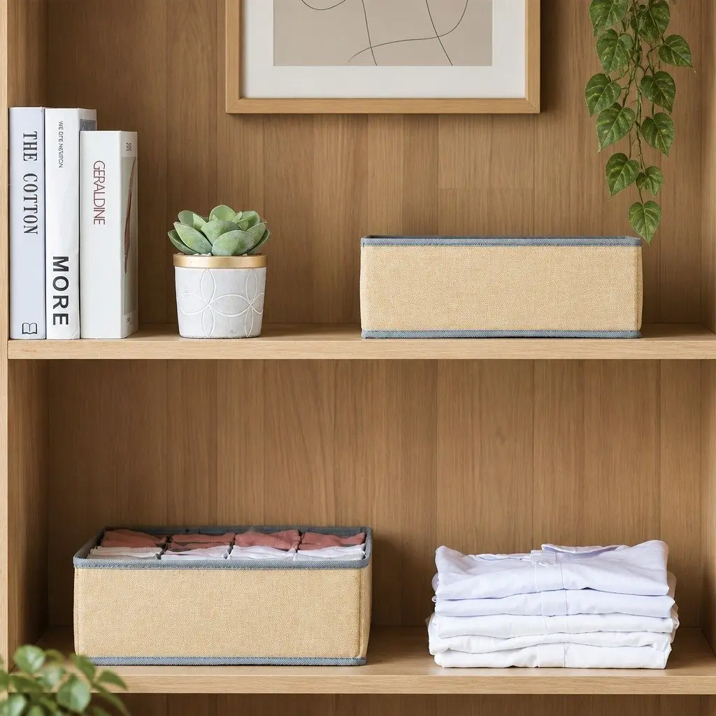 Fabric Drawer Organizer Boxes Set of 2 Foldable Non-Woven Beige 34 x 30 x 10 cm