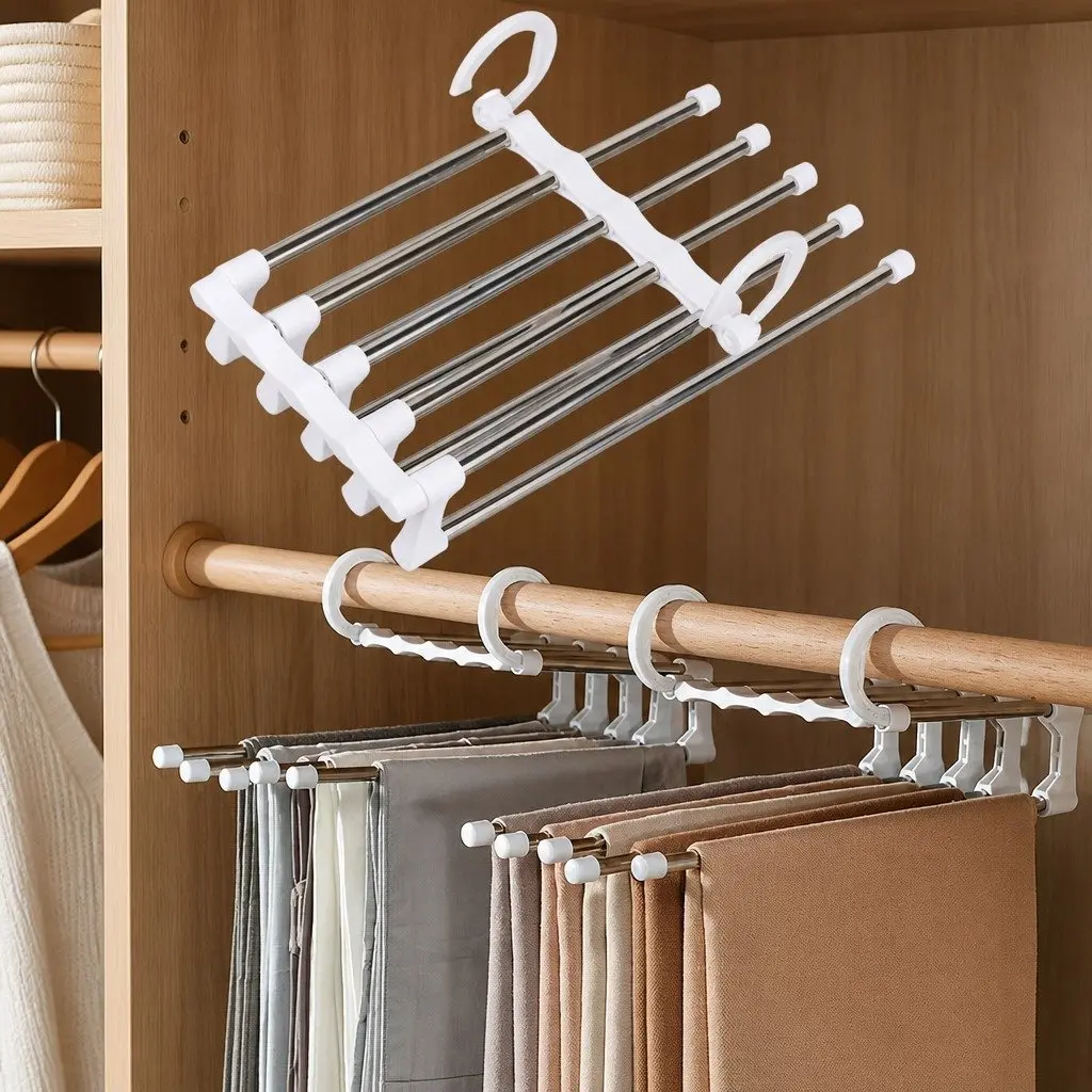 2 Pack Stainless Steel Adjustable 5 in 1 Pants Hangers Non-Slip Space Saving