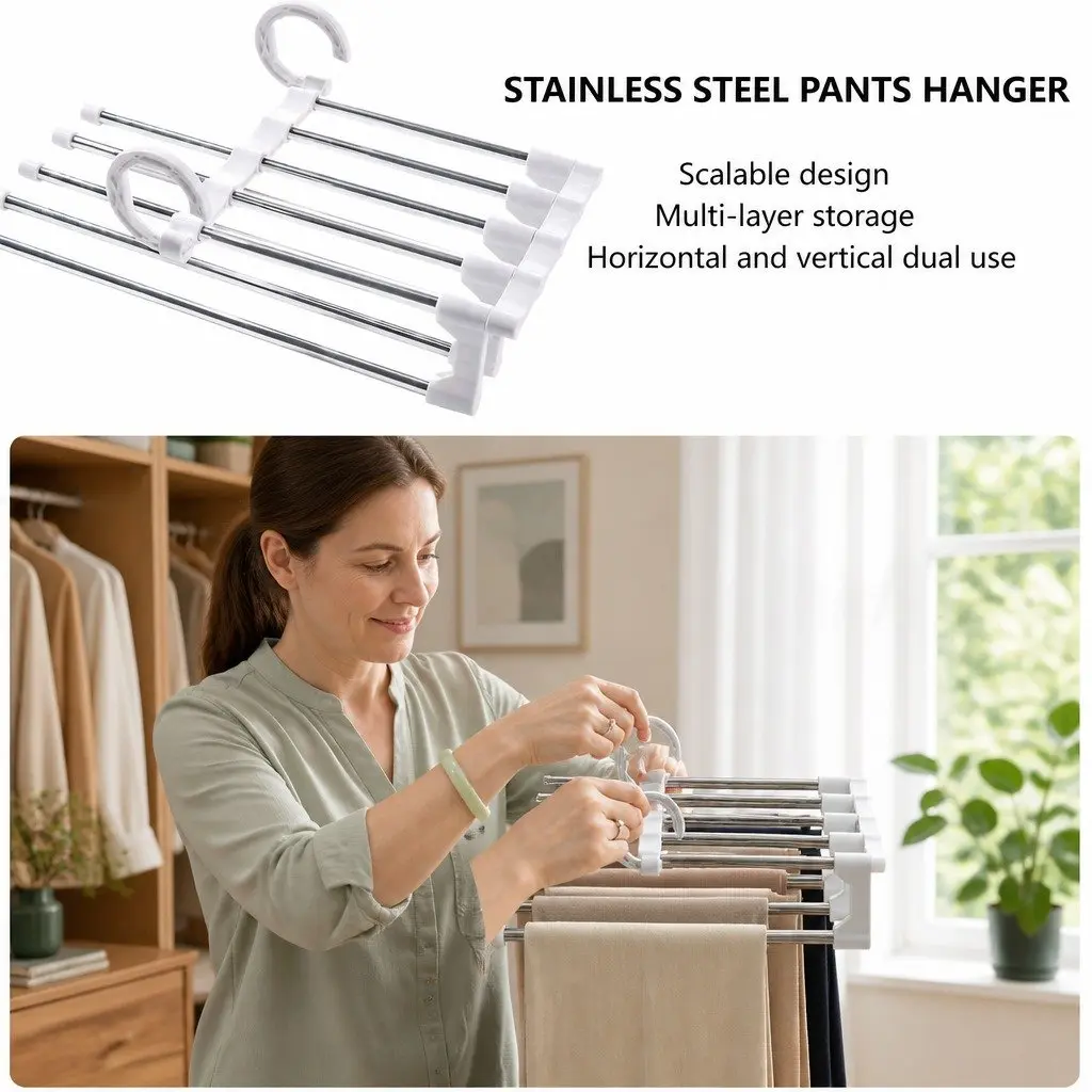 2 Pack Stainless Steel Adjustable 5 in 1 Pants Hangers Non-Slip Space Saving