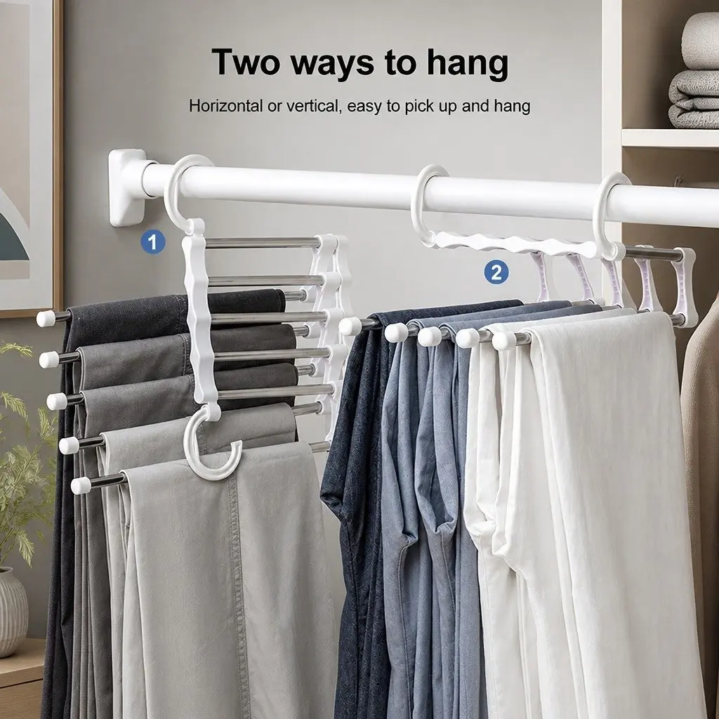 2 Pack Stainless Steel Adjustable 5 in 1 Pants Hangers Non-Slip Space Saving