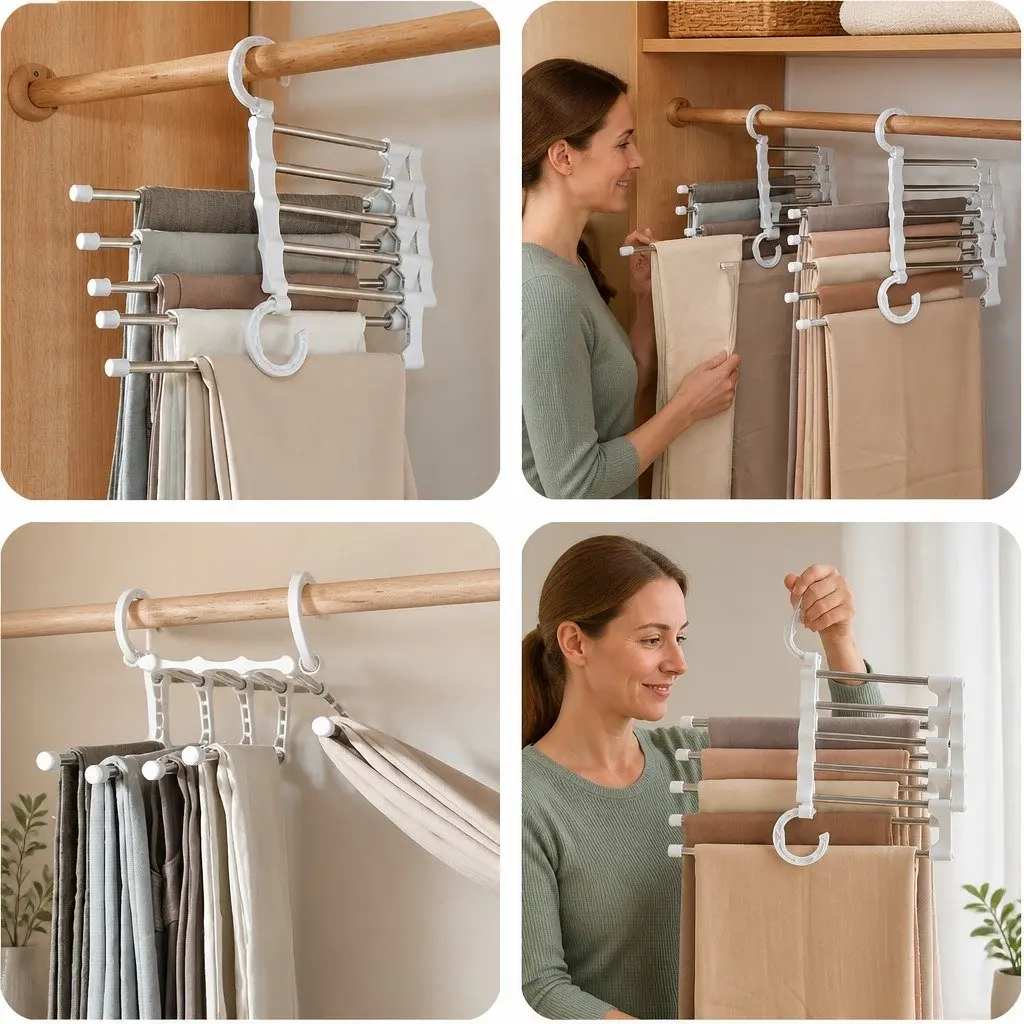 2 Pack Stainless Steel Adjustable 5 in 1 Pants Hangers Non-Slip Space Saving