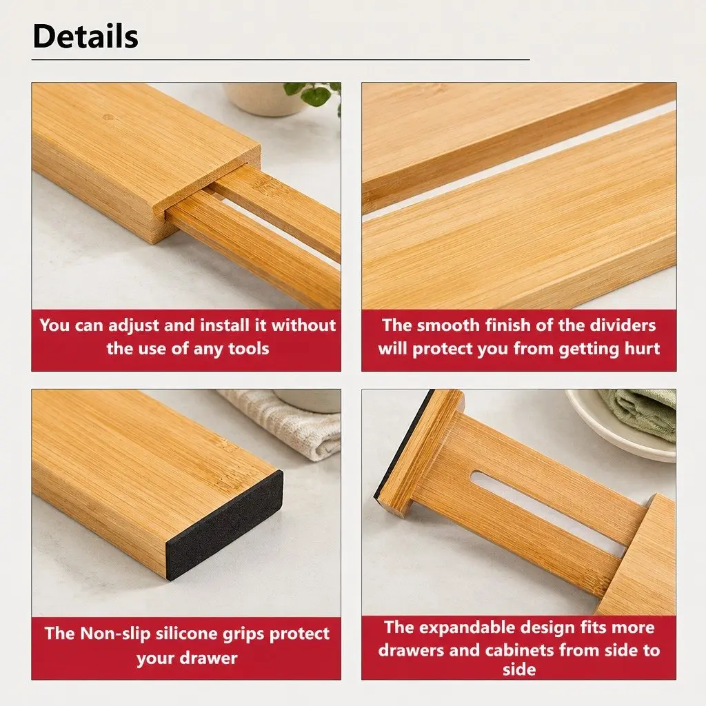 Kitchen Drawer Dividers 8 Pack Bamboo Adjustable Expandable Storage Organizer