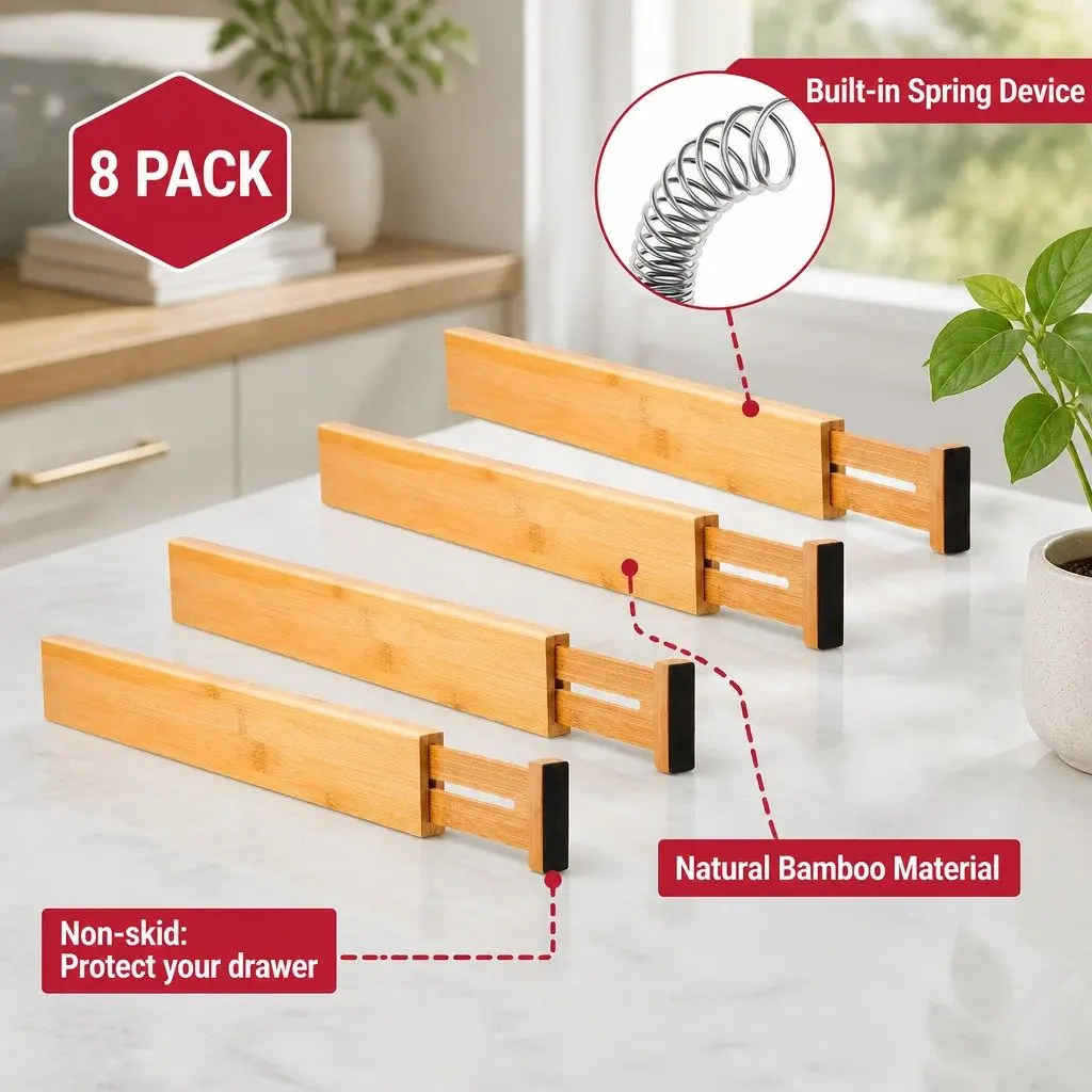 Kitchen Drawer Dividers 8 Pack Bamboo Adjustable Expandable Storage Organizer