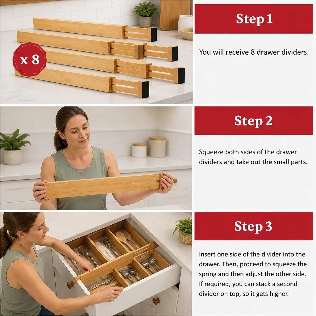Kitchen Drawer Dividers 8 Pack Bamboo Adjustable Expandable Storage Organizer