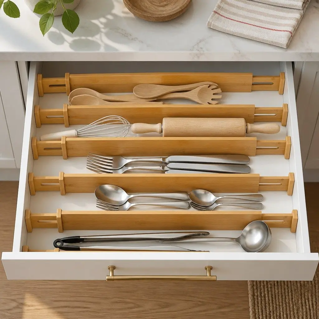 Kitchen Drawer Dividers Adjustable Bamboo Organizer 44-55cm Large 12 Pack Set