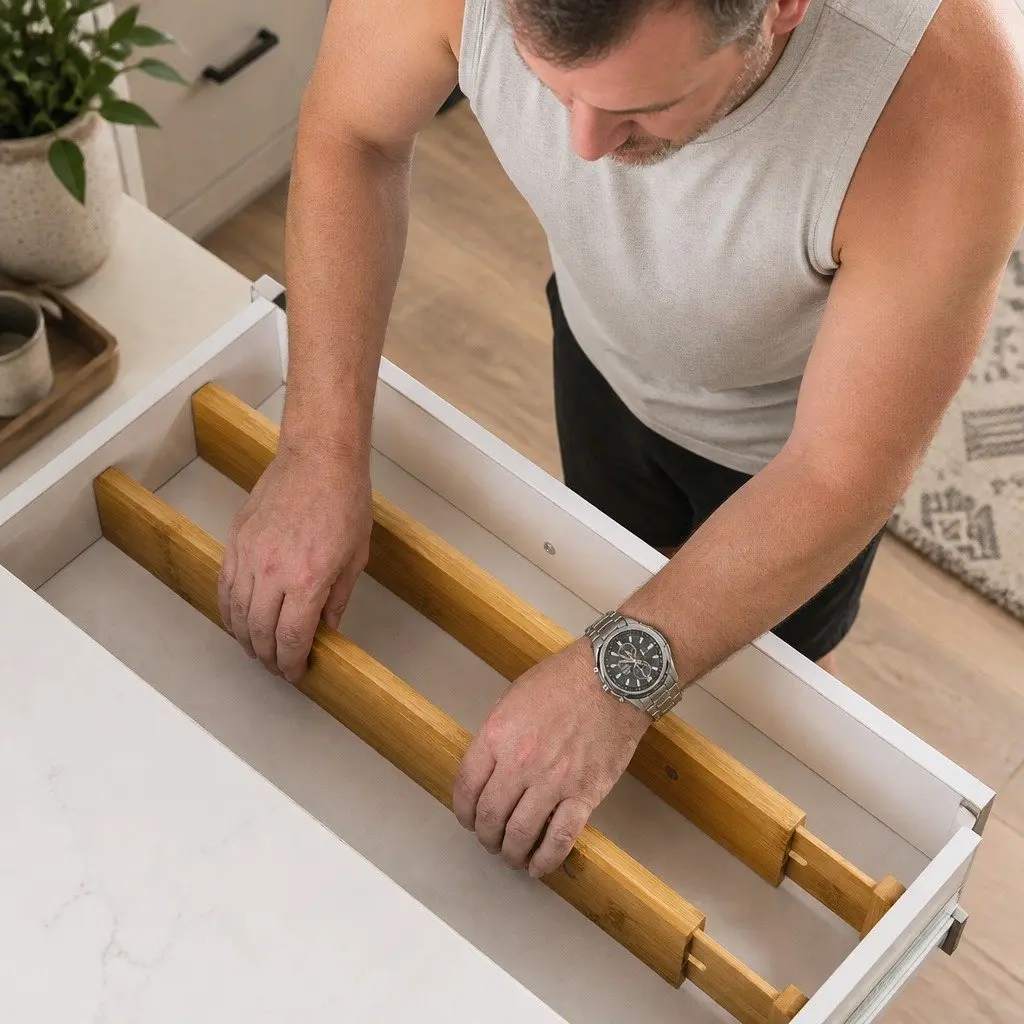 Kitchen Drawer Dividers Adjustable Bamboo Organizer 44-55cm Large 12 Pack Set