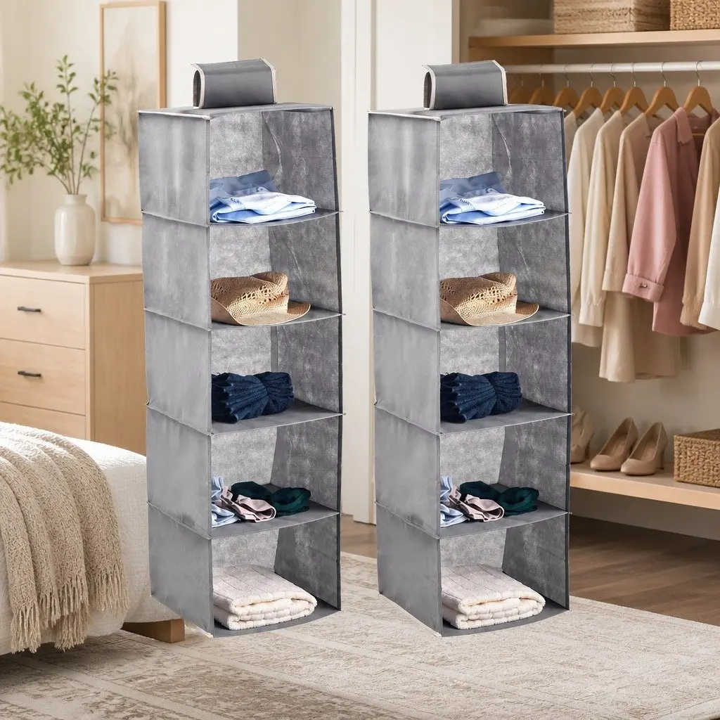 Hanging Closet Organizer 5-Tier Shelf Storage Clothes Foldable Grey 2 Pack