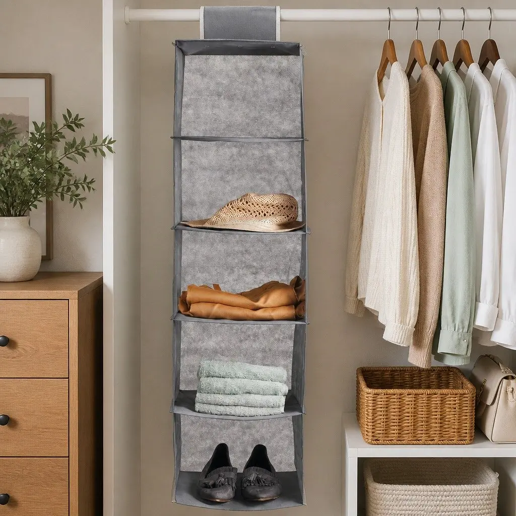 Hanging Closet Organizer 5-Tier Shelf Storage Clothes Foldable Grey 2 Pack