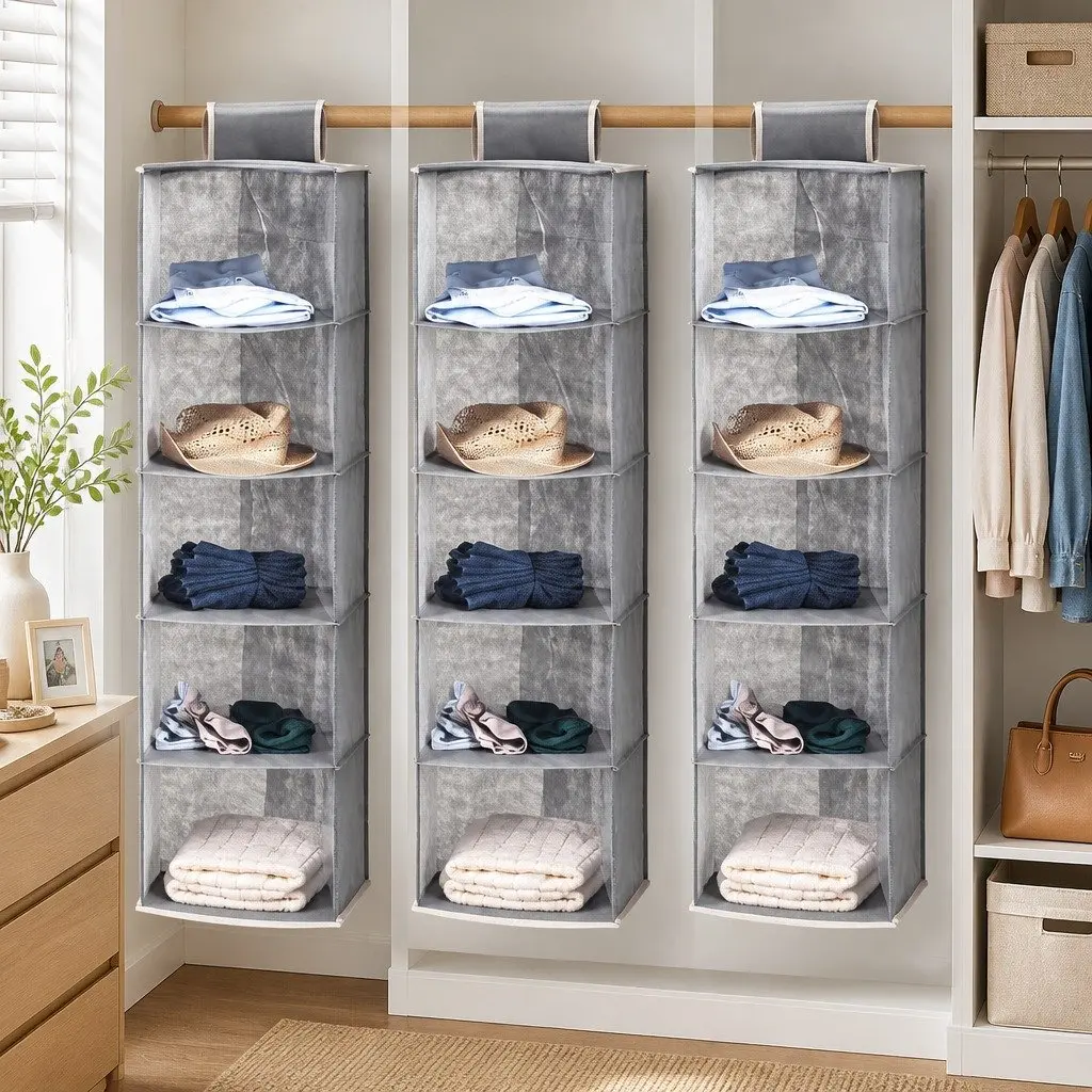 3-Pack Hanging Closet Organizer 5-Tier Shelf Storage for Clothes Wardrobe