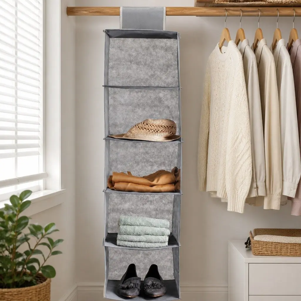 3-Pack Hanging Closet Organizer 5-Tier Shelf Storage for Clothes Wardrobe