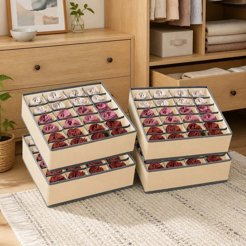 Fabric Drawer Organizer Storage Boxes Set of 4 Foldable Beige Non-woven Fabric 64 x 10 x 6 cm