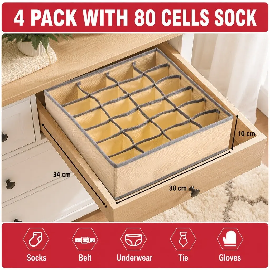 Fabric Drawer Organizer Storage Boxes Set of 4 Foldable Beige Non-woven Fabric 64 x 10 x 6 cm