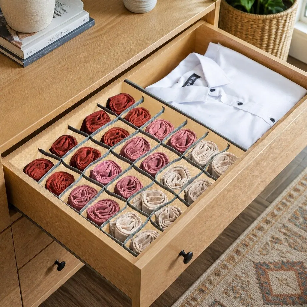 Fabric Drawer Organizer Storage Boxes Set of 4 Foldable Beige Non-woven Fabric 64 x 10 x 6 cm
