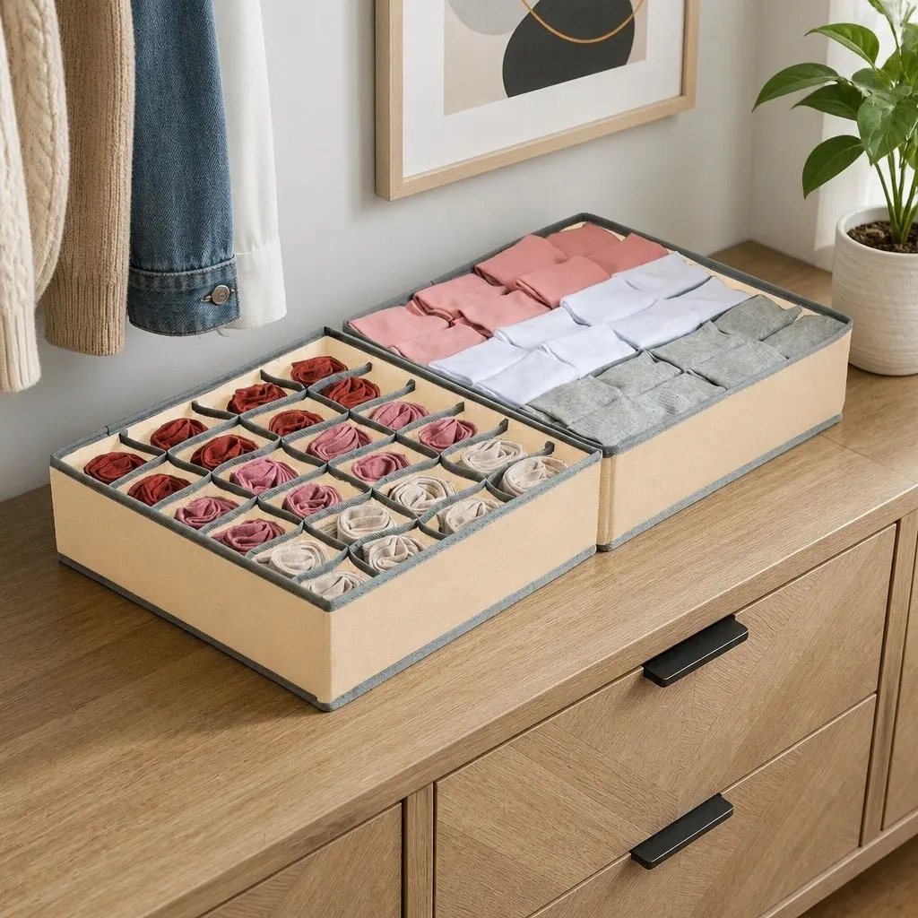 Fabric Drawer Organizer Storage Boxes Set of 4 Foldable Beige Non-woven Fabric 64 x 10 x 6 cm