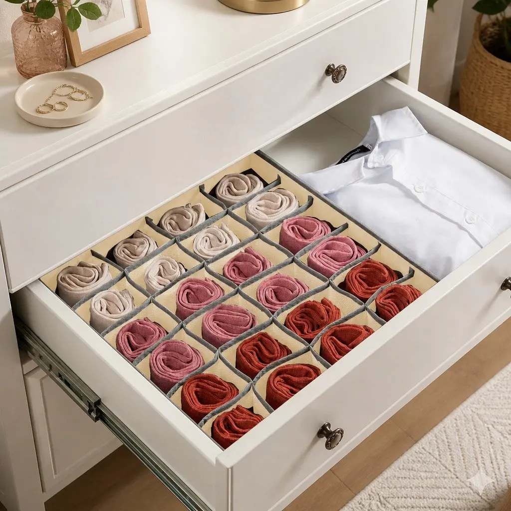 Fabric Drawer Organizer Storage Boxes Set of 4 Foldable Beige Non-woven Fabric 64 x 10 x 6 cm