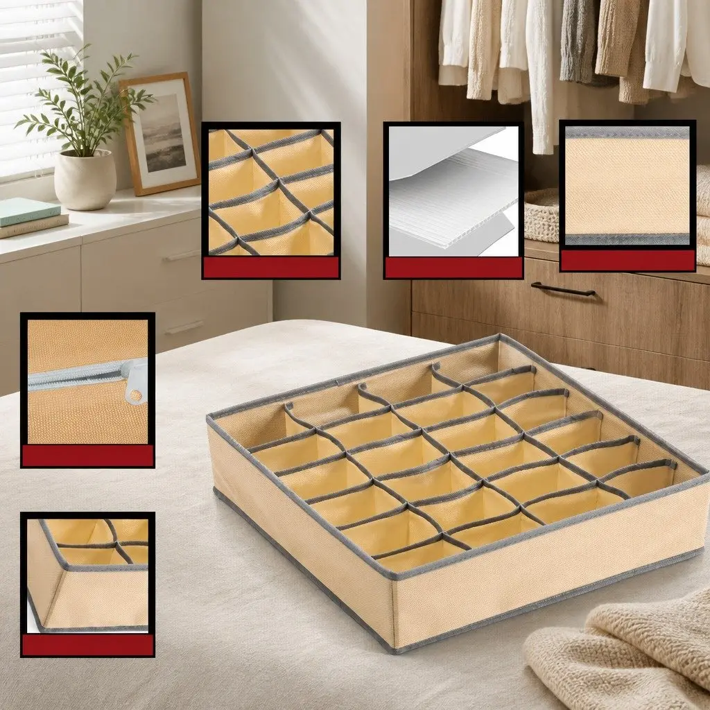 Fabric Drawer Organizer Storage Boxes Set of 4 Foldable Beige Non-woven Fabric 64 x 10 x 6 cm